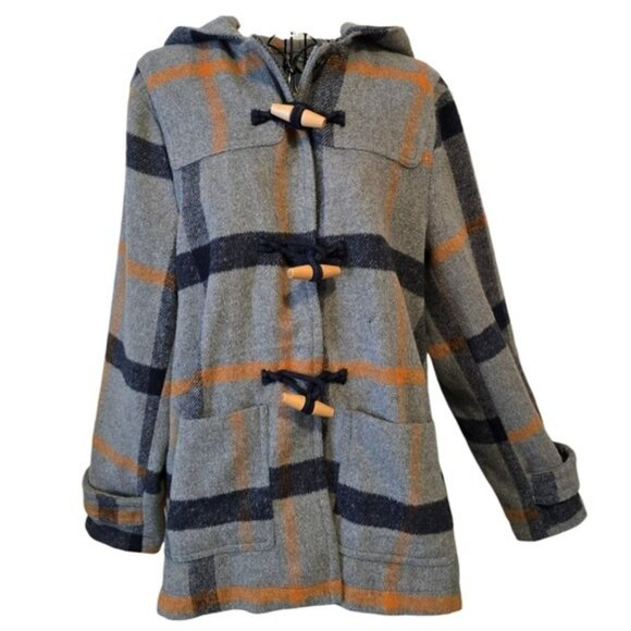 Modcloth Women's Gray Orange Plaid Pea Coat Size Medium Toggles Hooded Retro Y2K - Picture 15 of 15